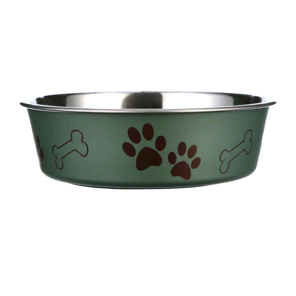 NEW Loving Pets Bella Bowl Murano Green Stainless Steel Dog Bowl Paw Bone Print